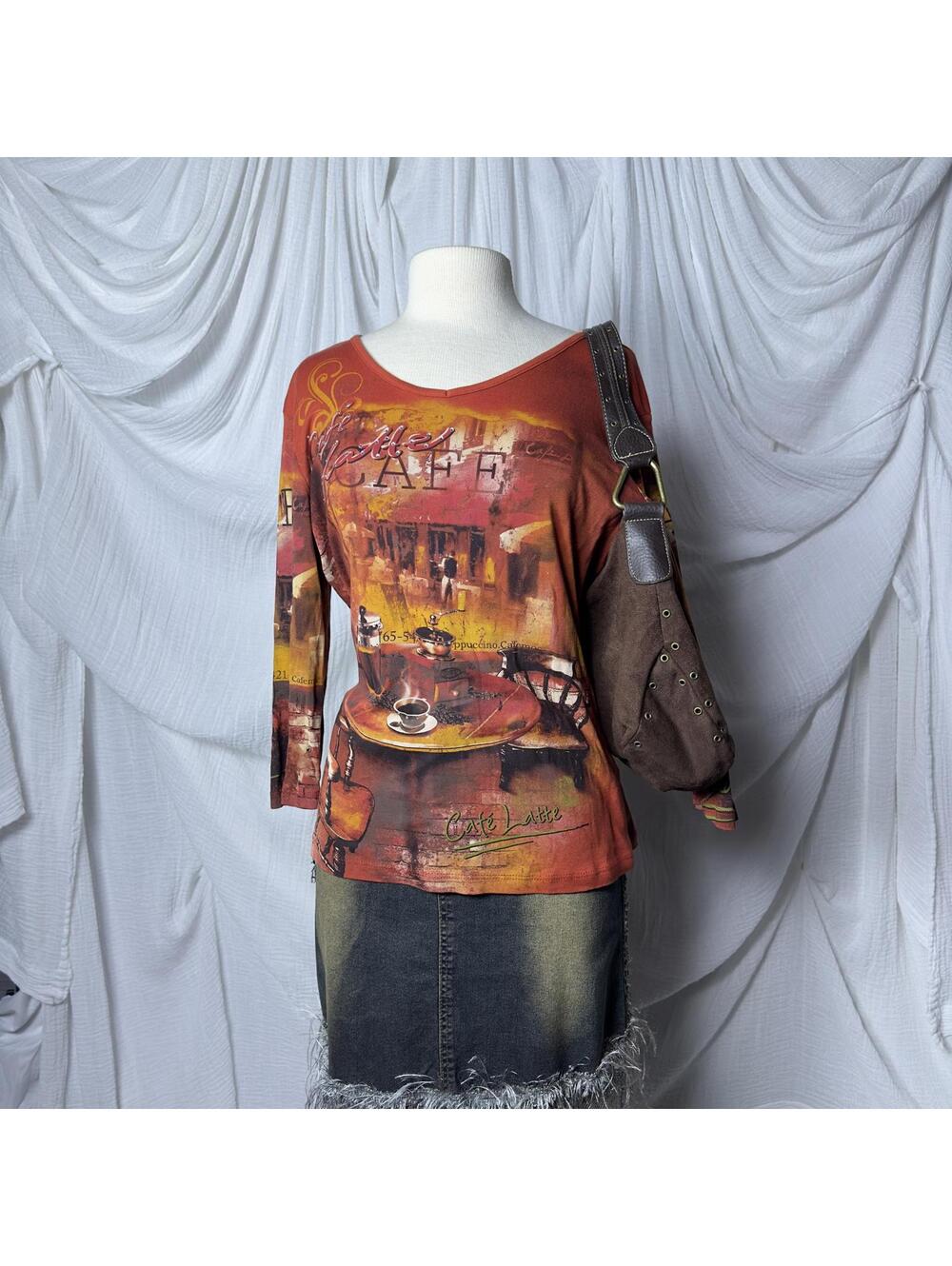 Vintage indie orange long sleeve printed top(M)